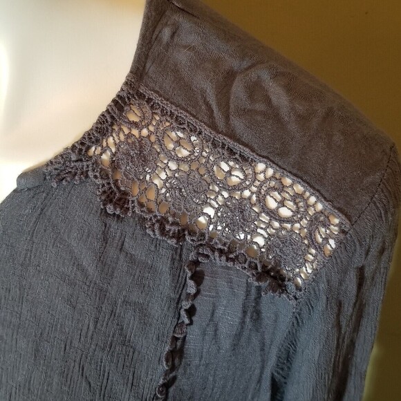 Knox Rose Womens Crinkle Lace Trim Peasant Boho Blouse Top Dark Gray Size XXL - Picture 8 of 11